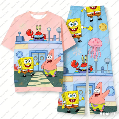 Kurzer SpongeBob Pyjama – Rosa T-Shirt & Blaue Hose
