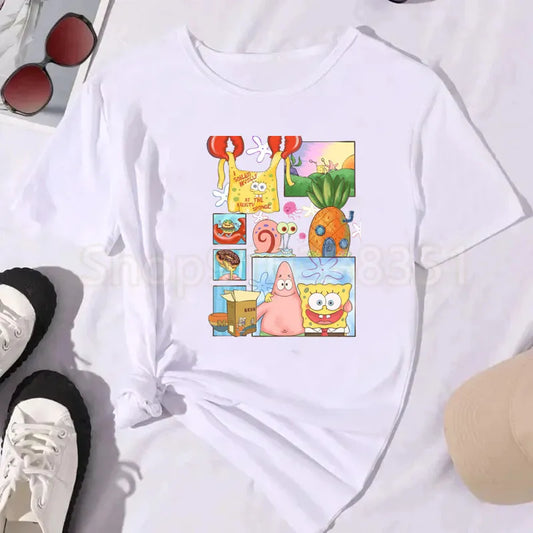 T-Shirt Blanc Bob L'Éponge - Planche de BD (Collage)