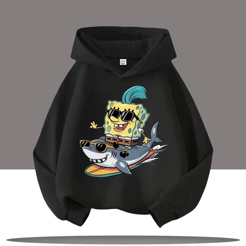 Hoodie Noir Bob L'Éponge - Action Requin (Style Urbain)