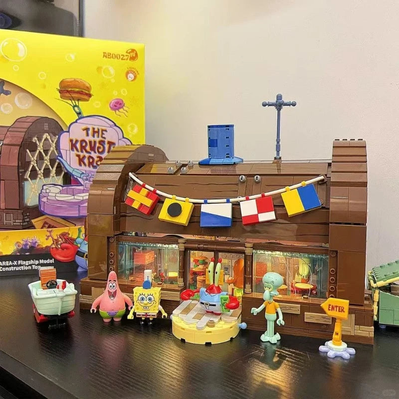SpongeBob Cartoon Krusty Krab Building Blocks Creative Canteen Scenes Model Bricks Desktop Ornaments Toy for Kid Christmas Gift
