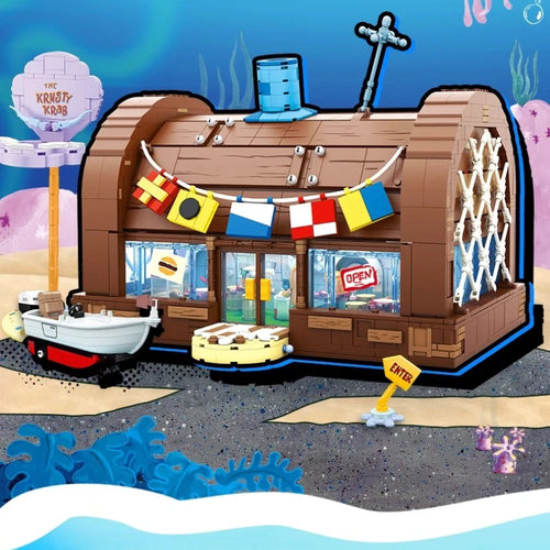 SpongeBob Cartoon Krusty Krab Building Blocks Creative Canteen Scenes Model Bricks Desktop Ornaments Toy for Kid Christmas Gift