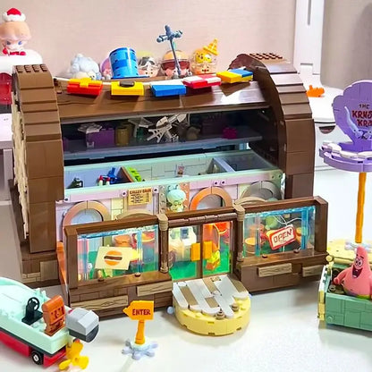 SpongeBob Cartoon Krusty Krab Building Blocks Creative Canteen Scenes Model Bricks Desktop Ornaments Toy for Kid Christmas Gift